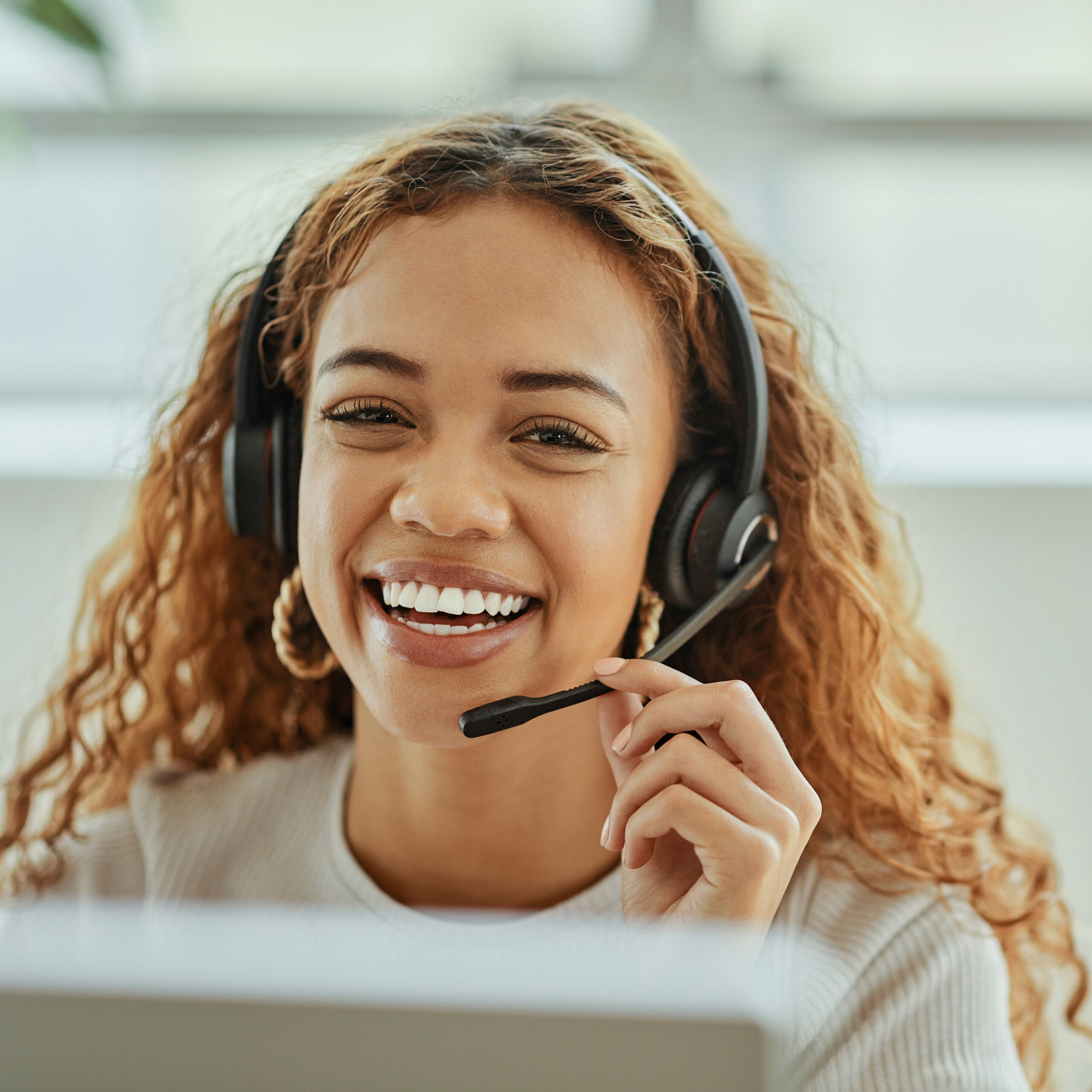 Call center, telemarketing or black woman support consultant portrait for crm, ecommerce help or virtual advice. Online advisor, IT or information technology agent talking solution, helping with loan